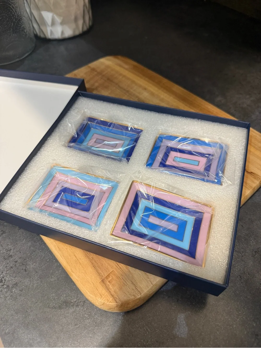 Jonathan Adler Blue and Pink Geometric Enamel Jewelry Trays (Set of 4)